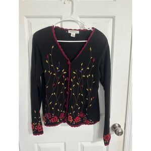Arriviste Vintage Floral‎ Embroidered Cardigan Sweater Knit Black Womens Small